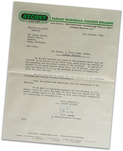 Atcost Dutch Barn Works Letter 1961 - Picks Barn