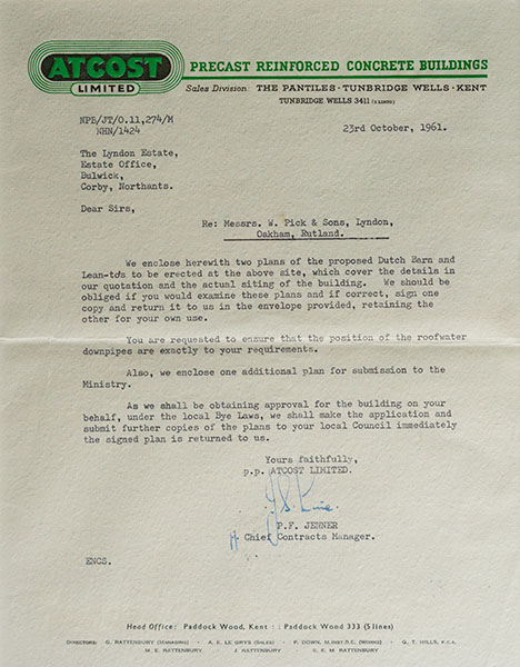 Atcost Dutch Barn Works Letter 1961 - Picks Barn