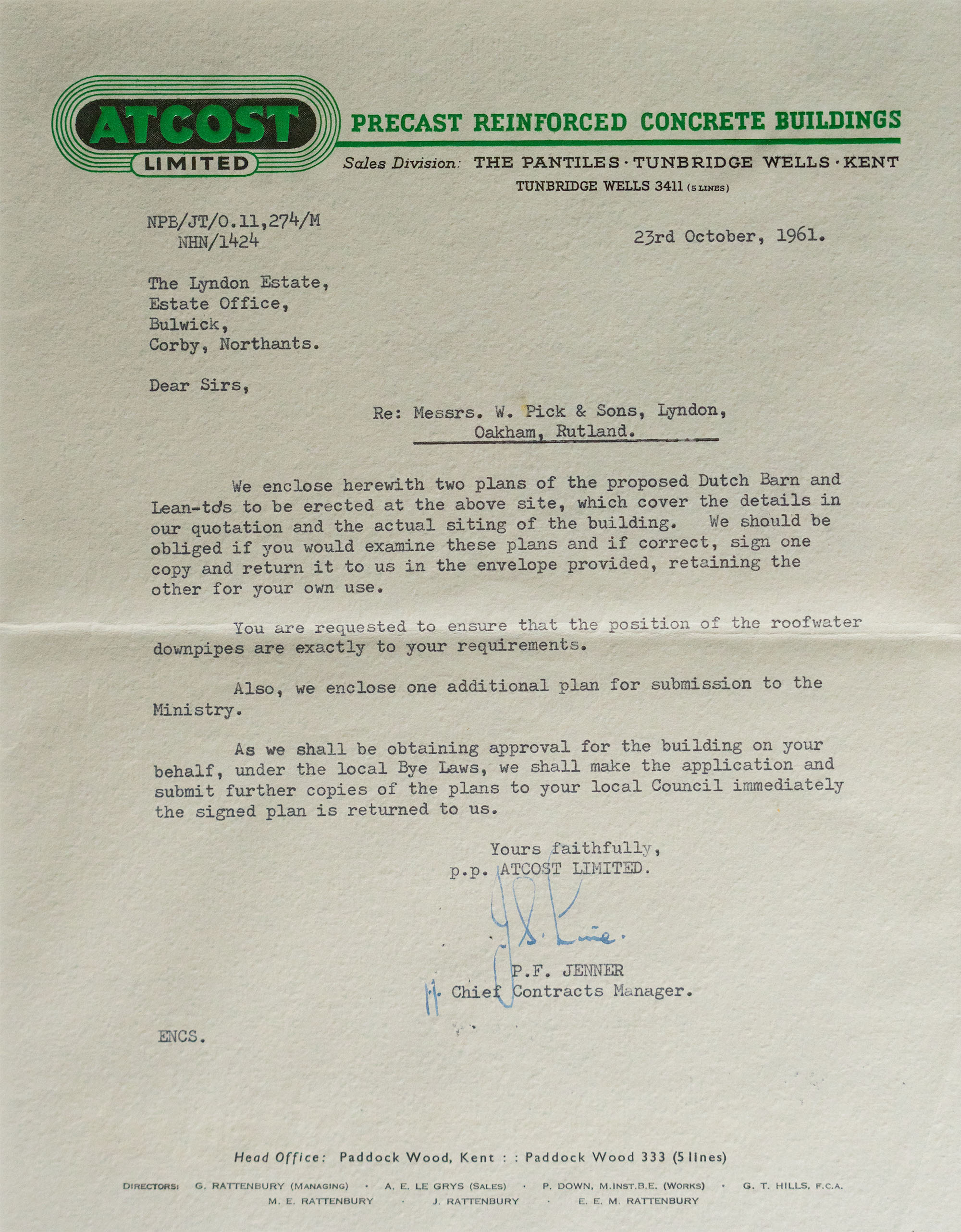 Atcost Dutch Barn Works Letter 1961 - Picks Barn
