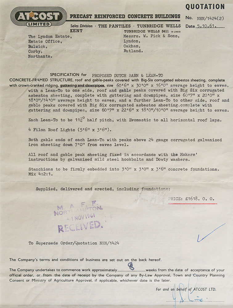 Atcost Dutch Barn Quotation 1961 - Picks Barn