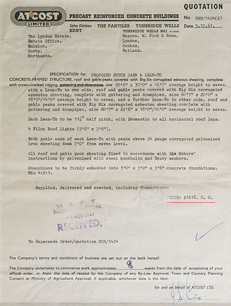 Atcost Dutch Barn Quotation 1961 - Picks Barn