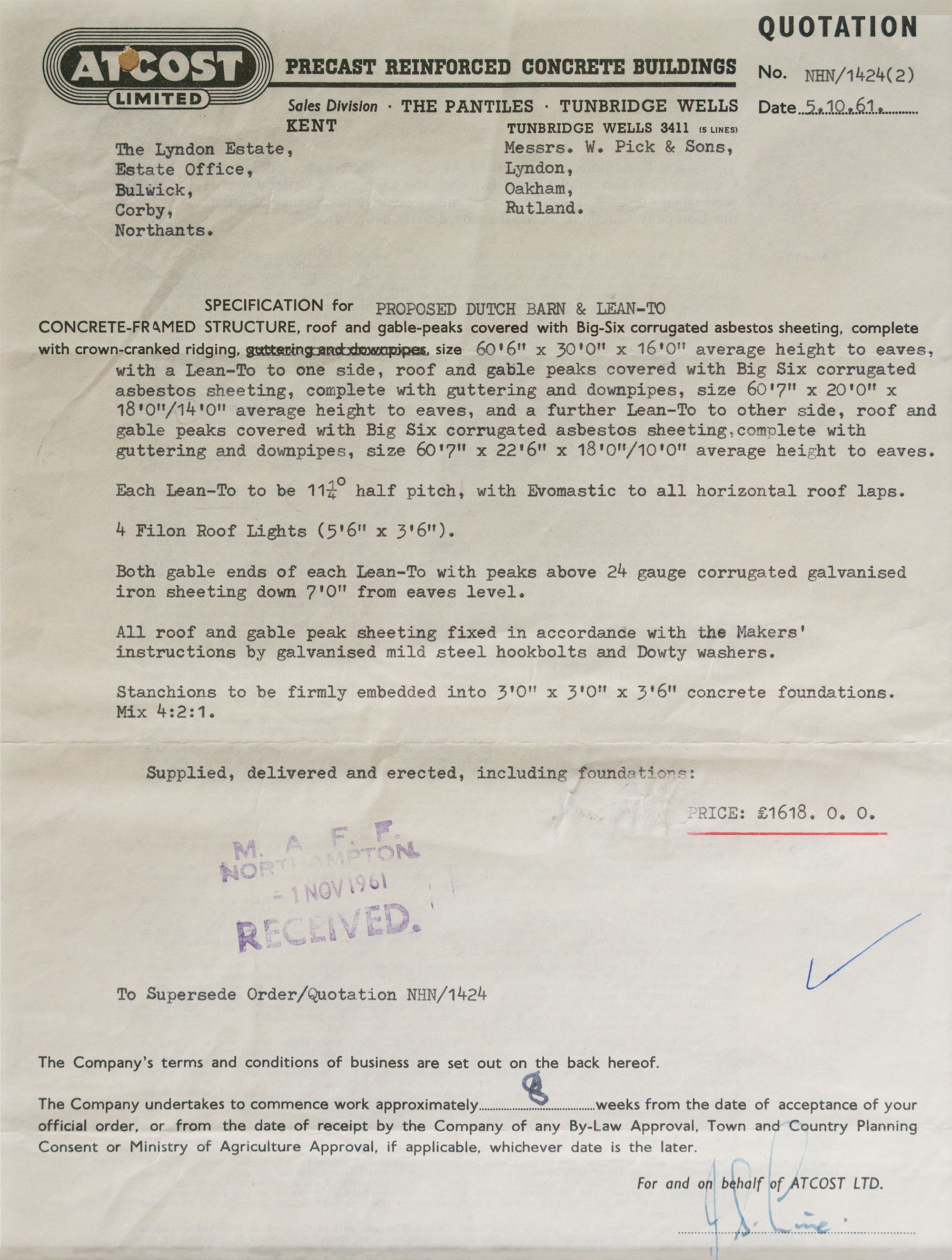 Atcost Dutch Barn Quotation 1961 - Picks Barn